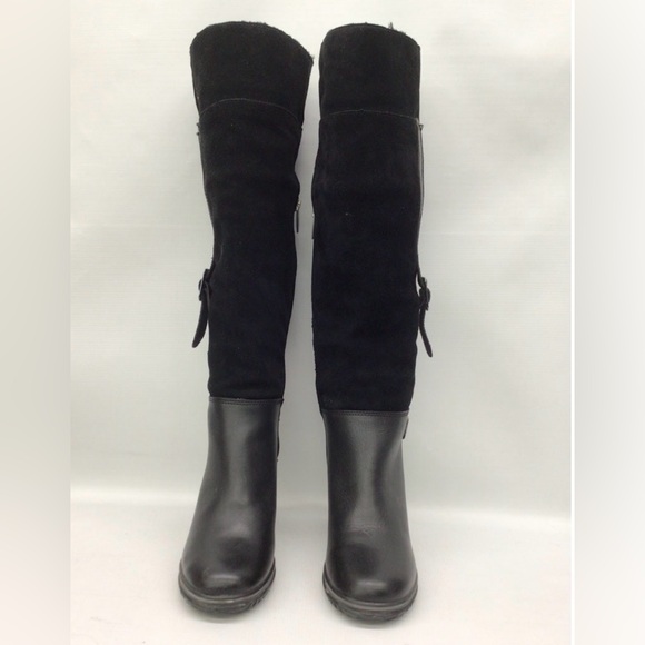 Pajar knee-high boot black leather and suede Sherpa cuff, leather strap detail - Picture 2 of 9